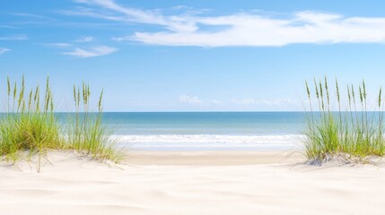 Serene beach view with soft sand and gentle waves under blue sky.