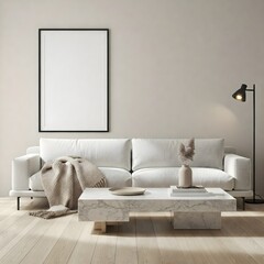 minimalist living room bathed in natural light from a large window. Frame mockup, Living room wall poster mockup. Interior mockup with house background. Modern interior design. 
