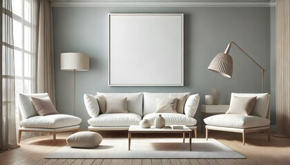 minimalist living room bathed in natural light from a large window. Frame mockup, Living room wall poster mockup. Interior mockup with house background. Modern interior design. 