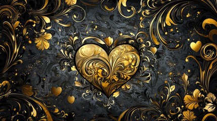 Elegant golden heart design with ornate floral patterns on a dark background for romantic occasions