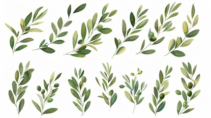 Fresh Green Olive Leaves Set on White Background for Designers and Artists
