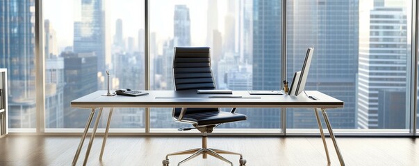 Modern home office with ergonomic chair and adjustable desk near large window.