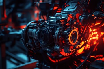 Fototapeta premium Intricate Close-Up of a High-Performance Engine Component with Dramatic Lighting in a Machinery Workshop Setting