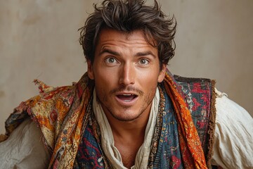 Obraz premium A surprised man in historical attire, expressing excitement or curiosity.