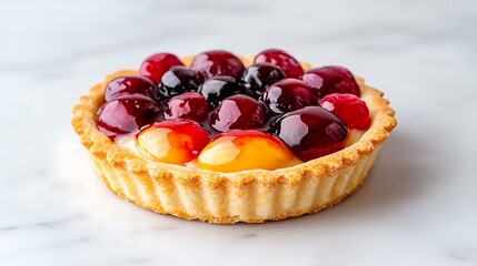 Delicious fruit tart with cherries, raspberries, and apricots on a marble surface.