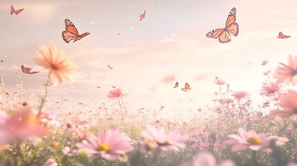 A tranquil meadow of pink daisies under a soft morning sky with butterflies gracefully flying over