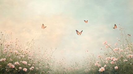 Fototapeta premium A tranquil meadow of pink daisies under a soft morning sky with butterflies gracefully flying over
