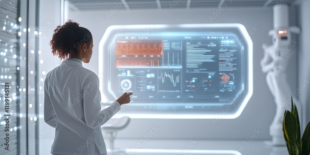 Aufkleber a scientist analyzes futuristic data in a sleek lab environment. the advanced screen displays variou