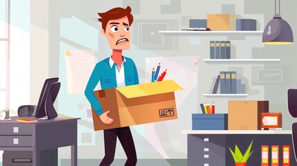 Frustrated Dismissed Employee Carrying Box with Belongings in Office