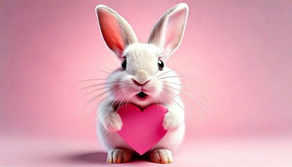 A cute bunny with a loving gaze in its eyes, holding a pink heart