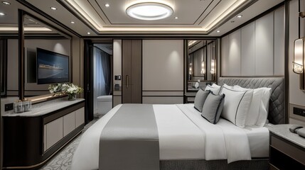 Fototapeta premium A fully equipped first-class suite with luxury bedding and designer decor.
