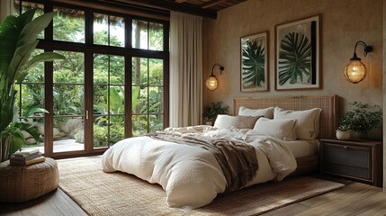 Fototapeta premium Cozy bedroom with natural light, plants, and earthy decor for relaxation and comfort.