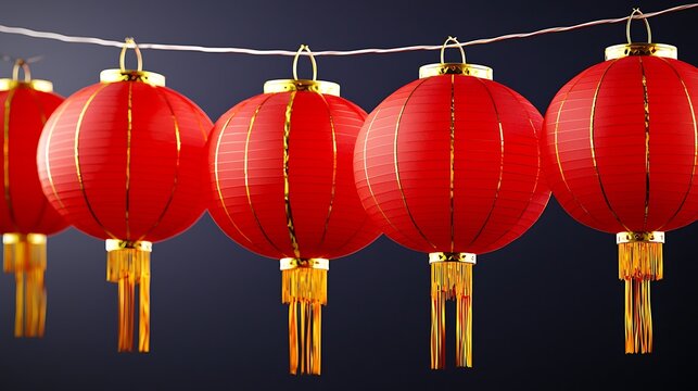 Rows of red Chinese lanterns hanging from strings, glowing softly against a dark night sky, creating a warm and festive ambiance