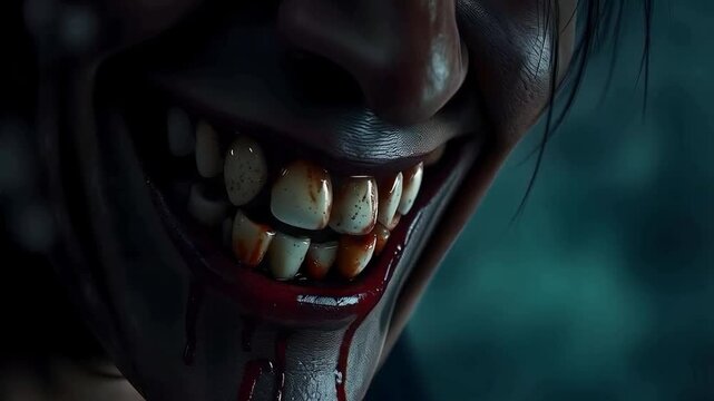 Man with cannibalistic insanity reflected in wild, evil grin