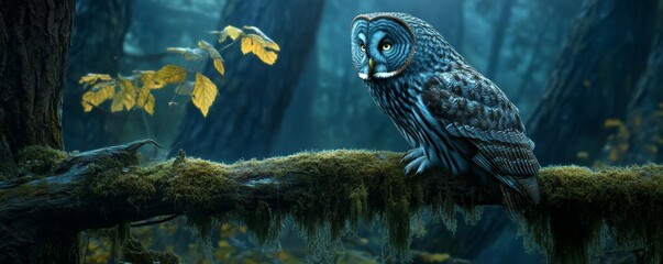 Mystical great gray owl on mossy branch in enchanted forest at twilight.