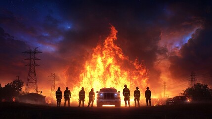 Fototapeta premium Firefighters silhouetted against a large blaze