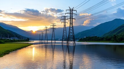Electrical tower safety concept. Scenic landscape with power lines at sunset