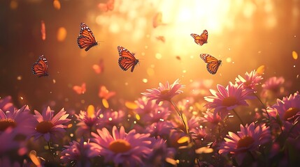A serene landscape of pink daisies under the warm light of the sun with butterflies gently moving above