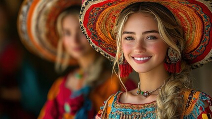 Fototapeta premium Two women in traditional attire with vibrant hats, smiling warmly in a cultural setting.