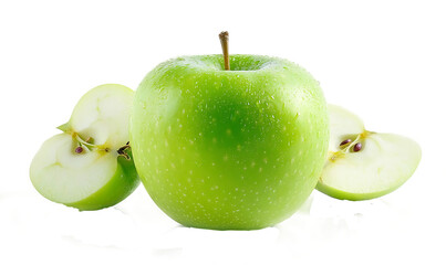 Green Apple Trio: Sliced and whole Granny Smith apples arranged in a visually appealing composition, bathed in soft, natural light. A perfect image for healthy eating, freshness, and simplicity.