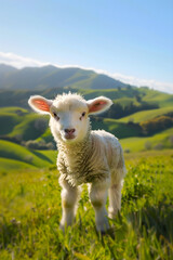 Obraz premium Peaceful Lamb in Verdant Meadow: A Portrait of Tranquility and Natural Beauty in a Rural Setting
