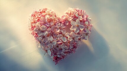 Fototapeta premium Heart-shaped arrangement of delicate pink flowers on a soft background evoking love and tranquility