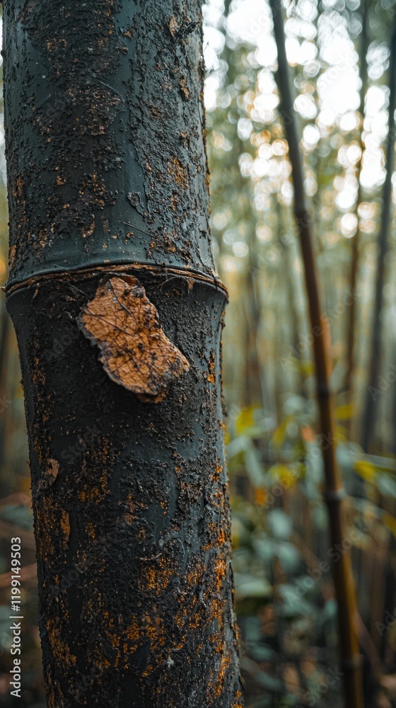 Poster amidst a serene forest, towering bamboo trees stretch towards the sky, sunlight filtering through th