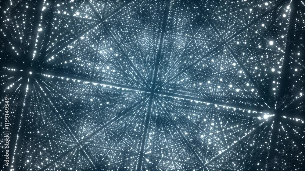Poster Space futuristic backdrop. Network connection structure cyberspace with moving particles in the galaxy. Big data visualization. Abstract cyber security background. 3D rendering.