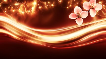 Plum blossoms in vibrant pink hues against a glowing red and gold abstract background, radiating elegance and beauty