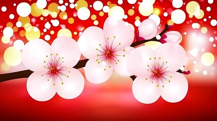 Plum blossoms in vibrant pink hues against a glowing red and gold abstract background, radiating elegance and beauty