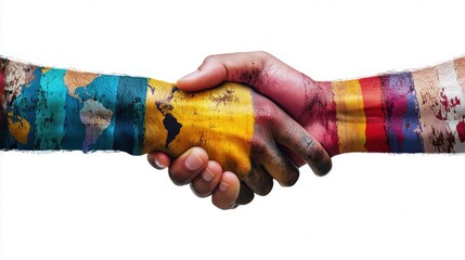 A handshake between diverse individuals, their sleeves reflecting different cultural designs, symbolizes partnership and shared vision.