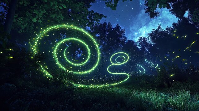 Abstract glowing trails of fireflies forming twisting neon spirals in the heart of a lush summer forest