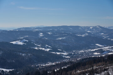 Panorama of Silesian Beskid mountains scenery near European Bialy Krzyz in Poland