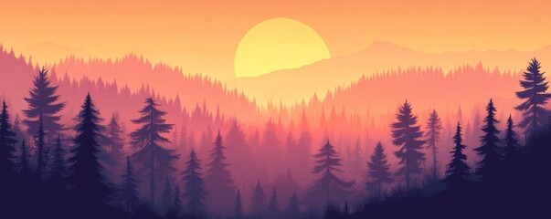 Serene sunrise over misty forest landscape with silhouetted trees.