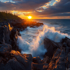 Fototapeta premium Sunset over rocky coastline with waves crashing against the rocks; trees in the distance. Concept of nature's beauty and power. For landscape photo.
