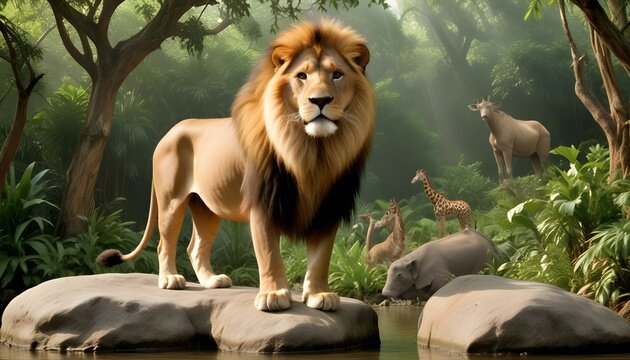 Un majestuoso le&oacute;n macho con una melena llena parado sobre una roca en un ambiente de selva tropical exuberante. Al fondo se ve una jirafa junto con otros animales salvajes, como elefantes