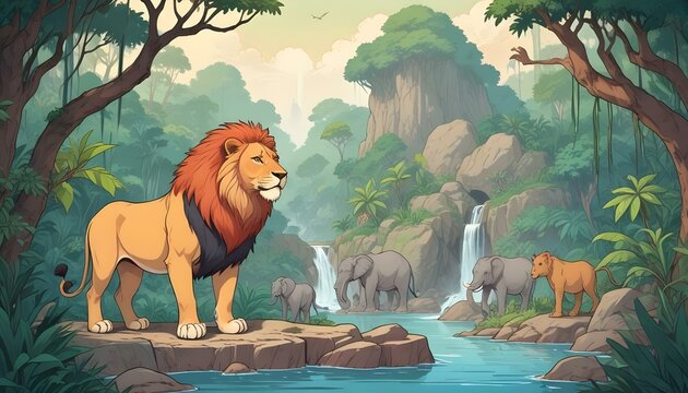 Un majestuoso le&oacute;n macho con una melena llena parado sobre una roca en un ambiente de selva tropical exuberante. Al fondo se ve una jirafa junto con otros animales salvajes, como elefantes