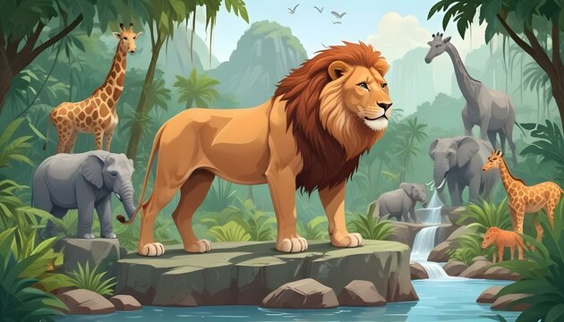 Un majestuoso le&oacute;n macho con una melena llena parado sobre una roca en un ambiente de selva tropical exuberante. Al fondo se ve una jirafa junto con otros animales salvajes, como elefantes
