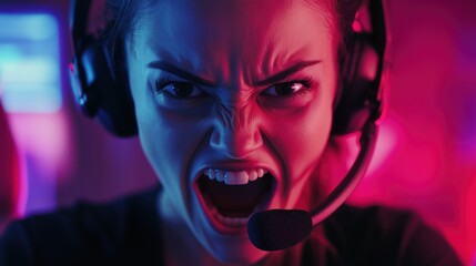 A focused female call center worker, headset on, leans forward with intense emotion as she responds to a challenging call.