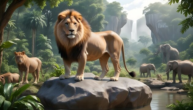 Un majestuoso le&oacute;n macho con una melena llena parado sobre una roca en un ambiente de selva tropical exuberante. Al fondo se ve una jirafa junto con otros animales salvajes, como elefantes