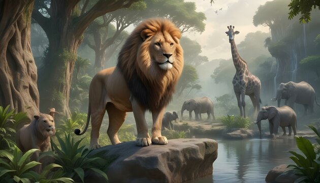 Un majestuoso le&oacute;n macho con una melena llena parado sobre una roca en un ambiente de selva tropical exuberante. Al fondo se ve una jirafa junto con otros animales salvajes, como elefantes