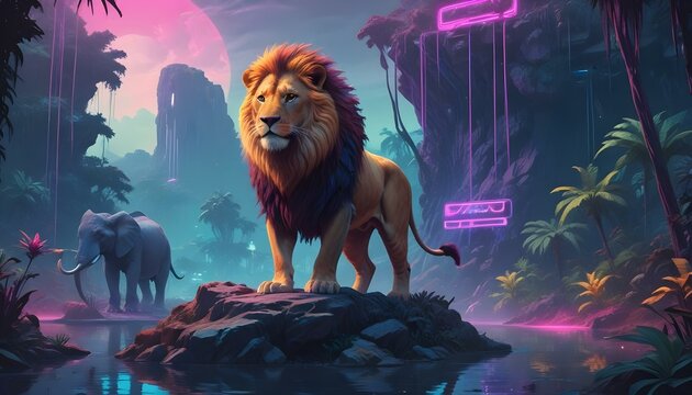 Un majestuoso le&oacute;n macho con una melena llena parado sobre una roca en un ambiente de selva tropical exuberante. Al fondo se ve una jirafa junto con otros animales salvajes, como elefantes