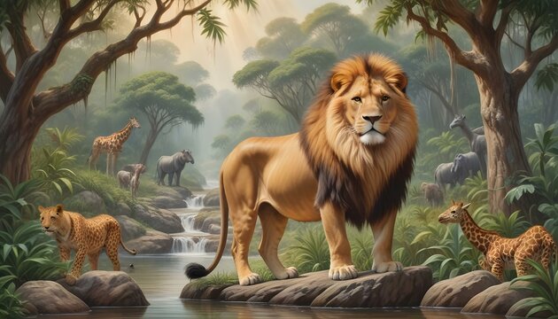 Un majestuoso le&oacute;n macho con una melena llena parado sobre una roca en un ambiente de selva tropical exuberante. Al fondo se ve una jirafa junto con otros animales salvajes, como elefantes