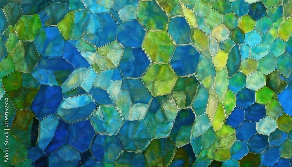 Poster abstract hexagonal green and blue pattern with textured brushstrokes, geometric background for modern decor or digital graphic design

