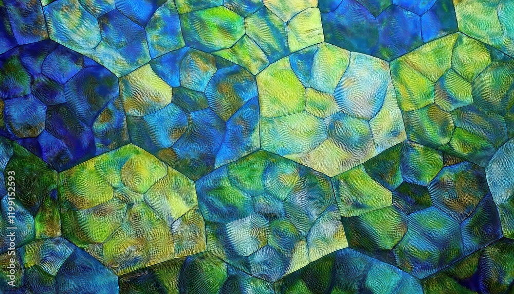 Poster abstract hexagonal green and blue pattern with textured brushstrokes, geometric background for modern decor or digital graphic design

