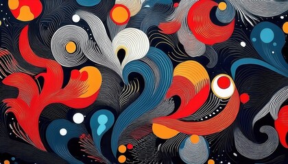 Naklejka premium vivid abstract composition with flowing lines, bold red and orange curves, dynamic wave shapes, and cosmic dots on a dark backdrop