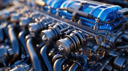 Fototapeta premium A detailed view of a car engine, showcasing fuel injectors, cylinder heads, and valve covers, with smooth transitions and realistic lighting highlighting the textures