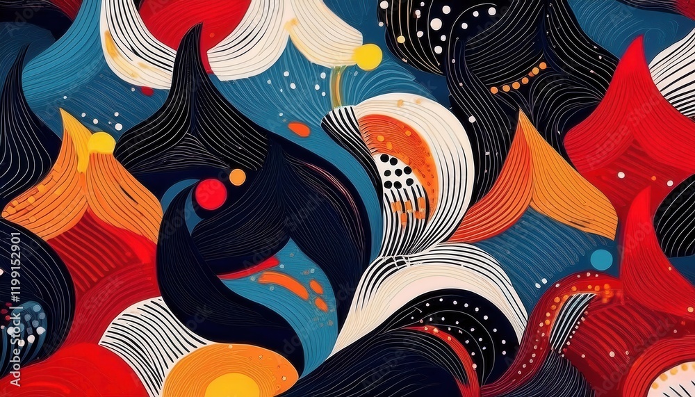 Poster vivid abstract composition with flowing lines, bold red and orange curves, dynamic wave shapes, and 