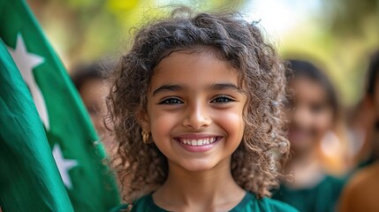 A smiling girl in green attire holds a flag, celebrating a cultural event.