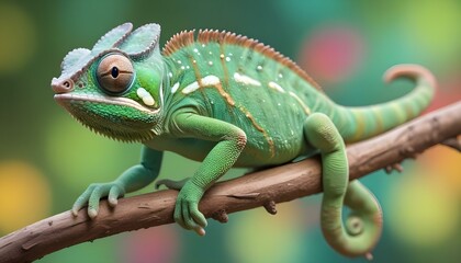 Obraz premium Un camaleón verde con ojos grandes y una cola larga posado en una rama sobre un fondo colorido y borroso